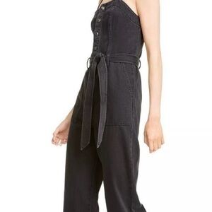 Oat New York Black Denim Overalls with Belted Waist